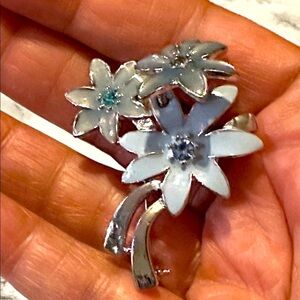 Blue Enamel Floral Silver Tone Brooch with Rhinestone 1375 R